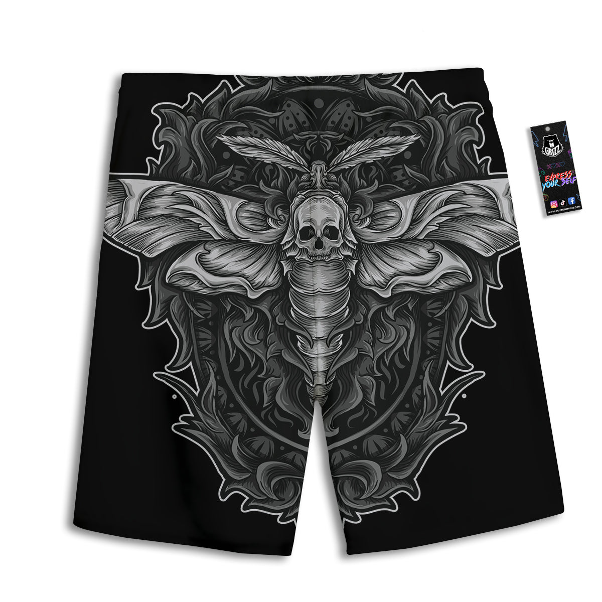 Grey Moth Skull Print Men's Athletic Shorts