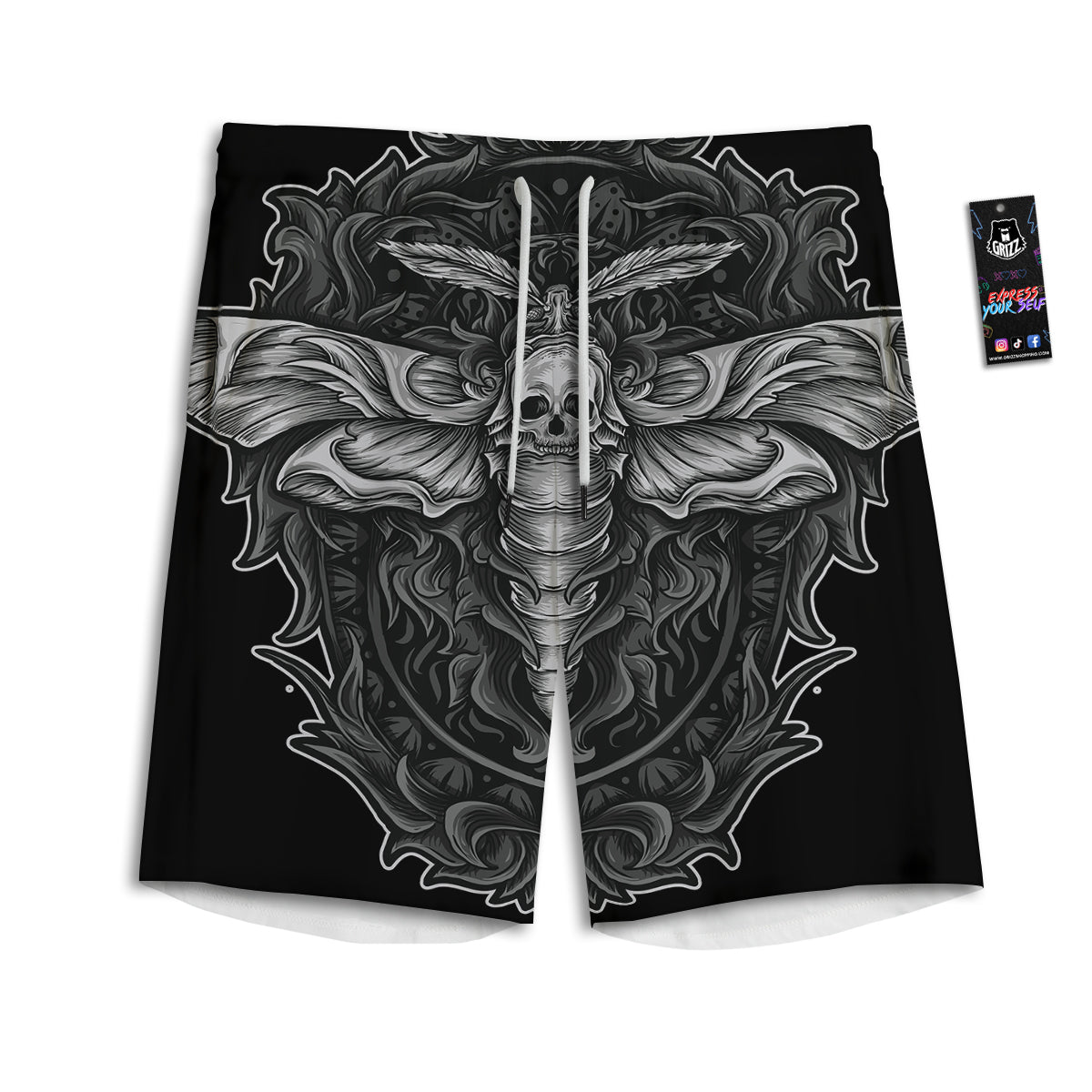 Grey Moth Skull Print Men's Athletic Shorts
