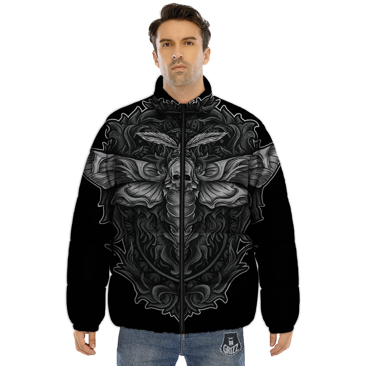 Grey Moth Skull Print Puffer Jacket-grizzshop