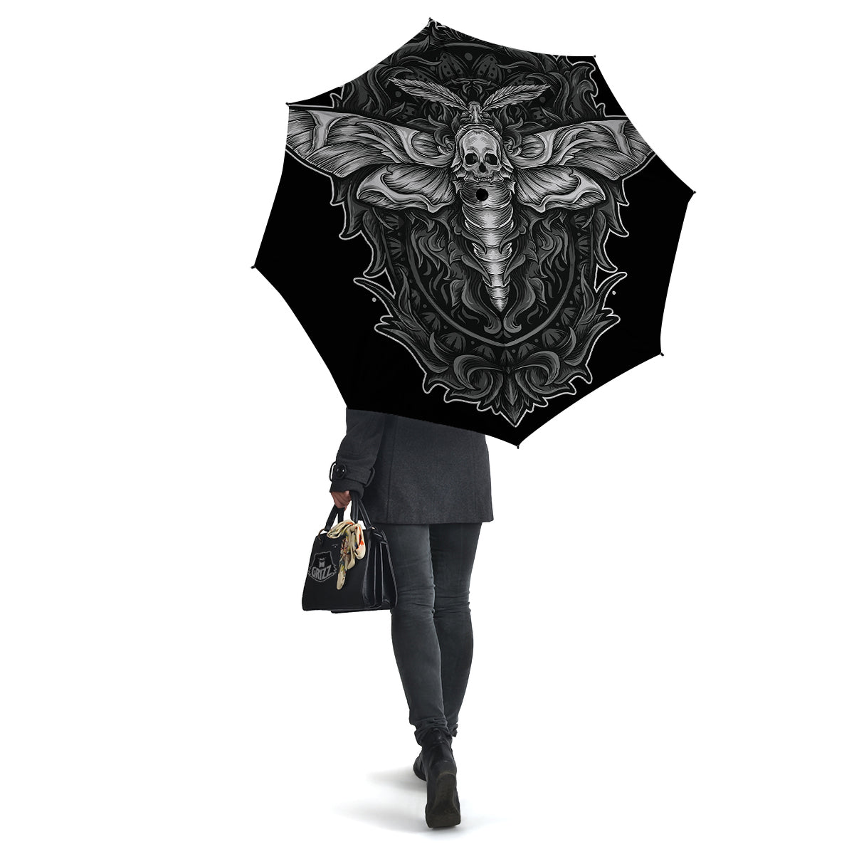 Grey Moth Skull Print Umbrella-grizzshop