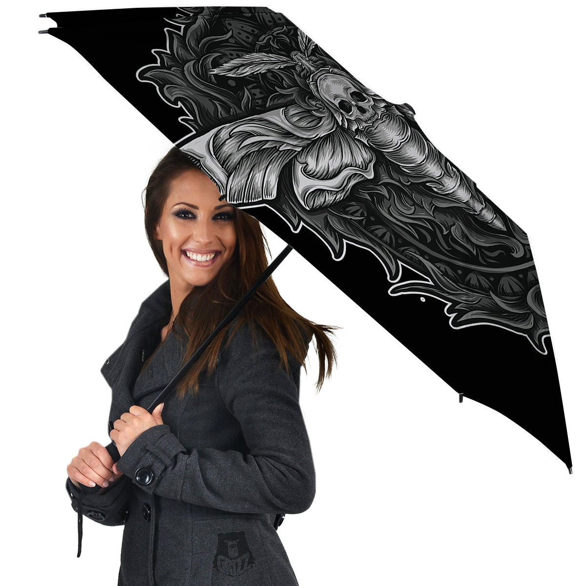 Grey Moth Skull Print Umbrella-grizzshop