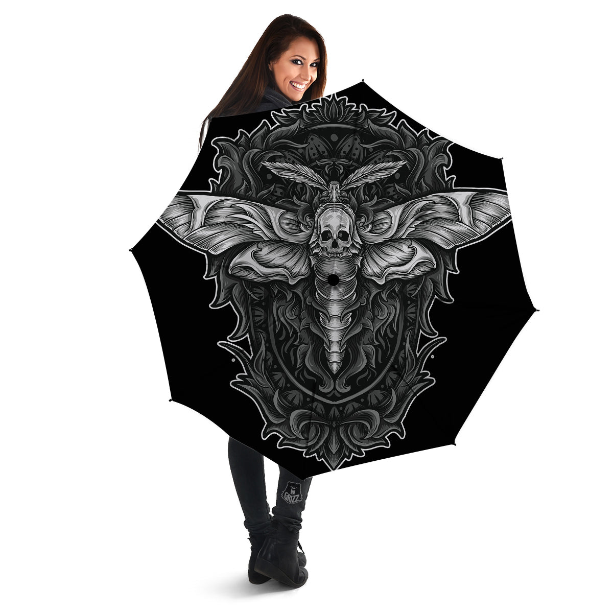 Grey Moth Skull Print Umbrella-grizzshop