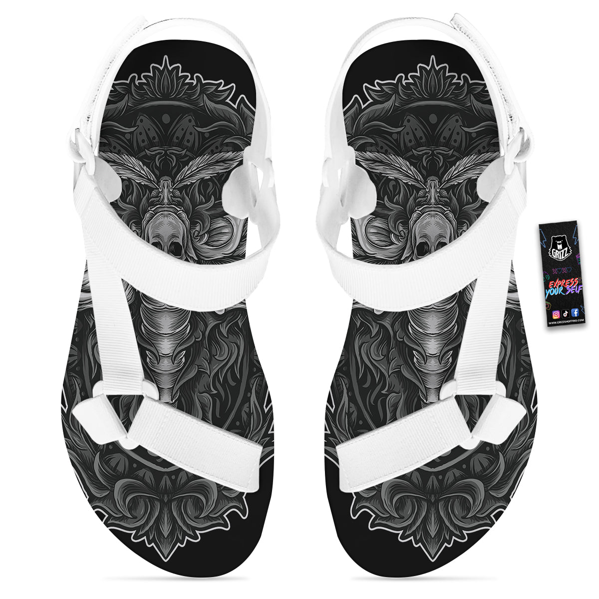 Grey Moth Skull Print White Open Toe Sandals-grizzshop