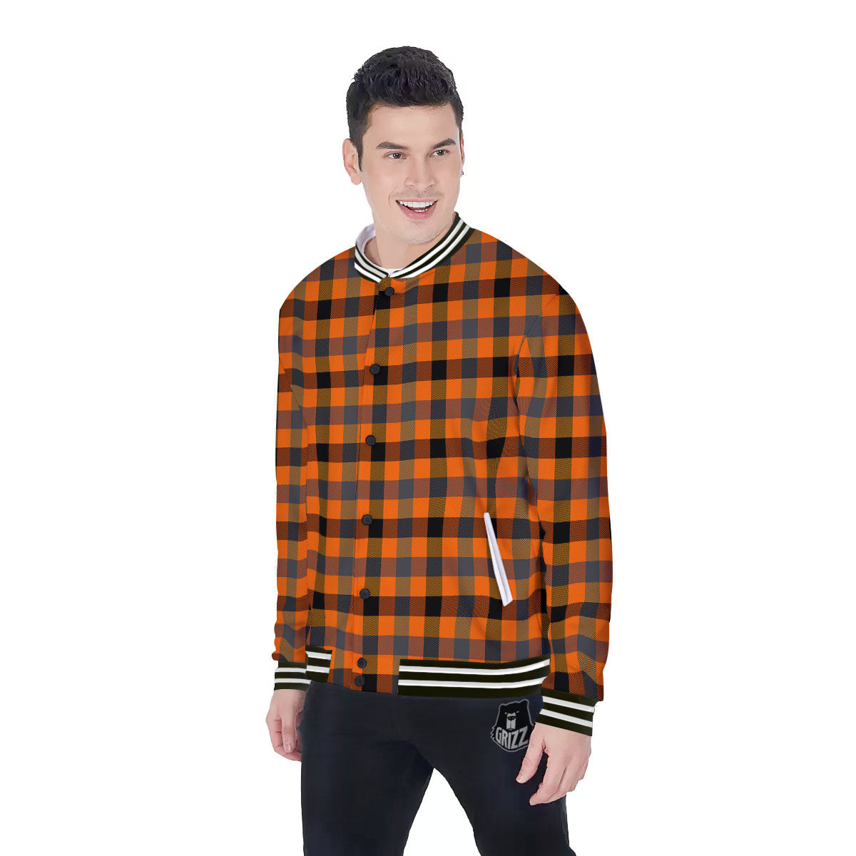 Grey Orange And White Tartan Print Pattern Baseball Jacket-grizzshop