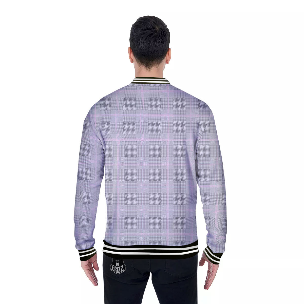 Grey Prince Of Wales Check Print Baseball Jacket-grizzshop
