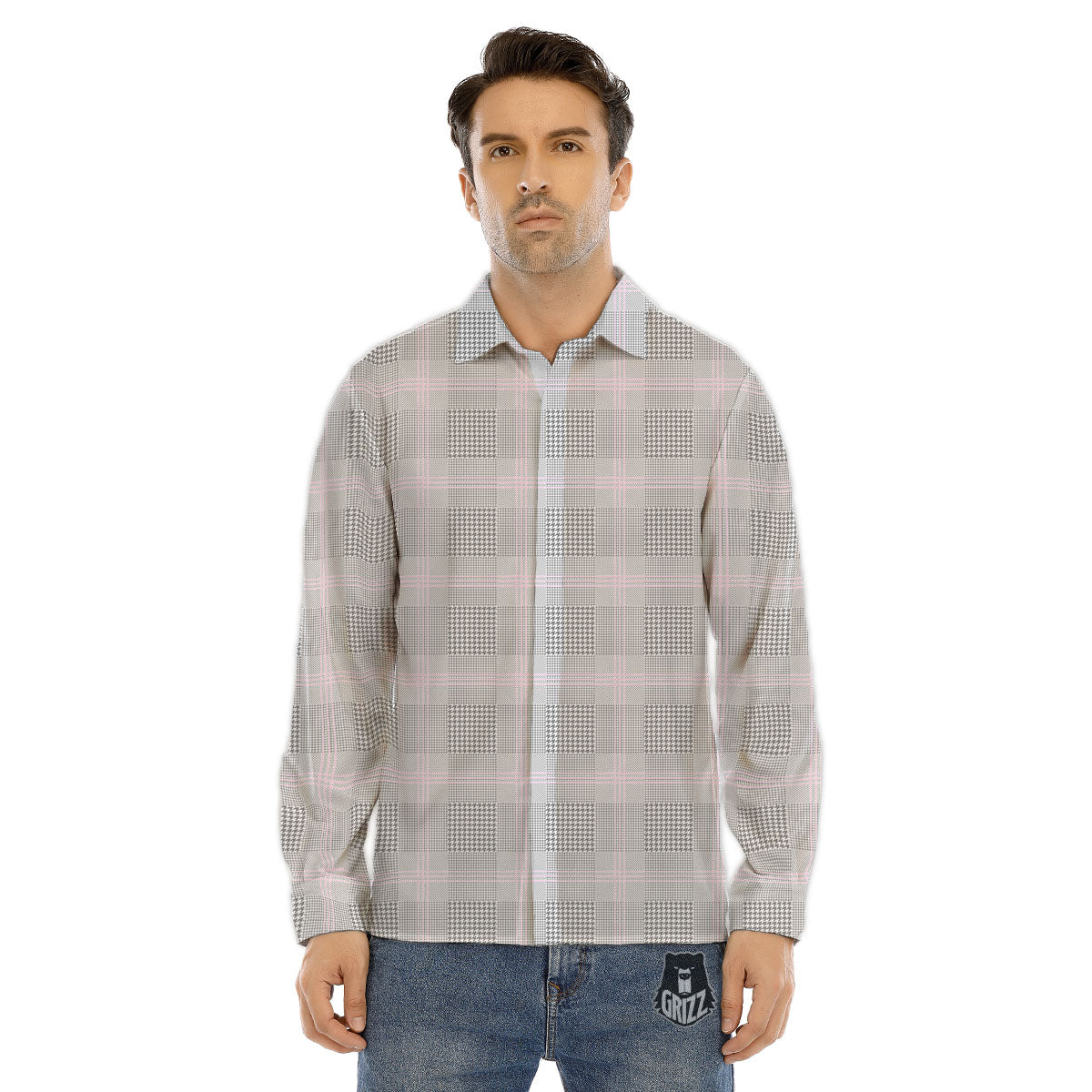 Grey Prince Of Wales Check Print Men's Dress Shirts-grizzshop