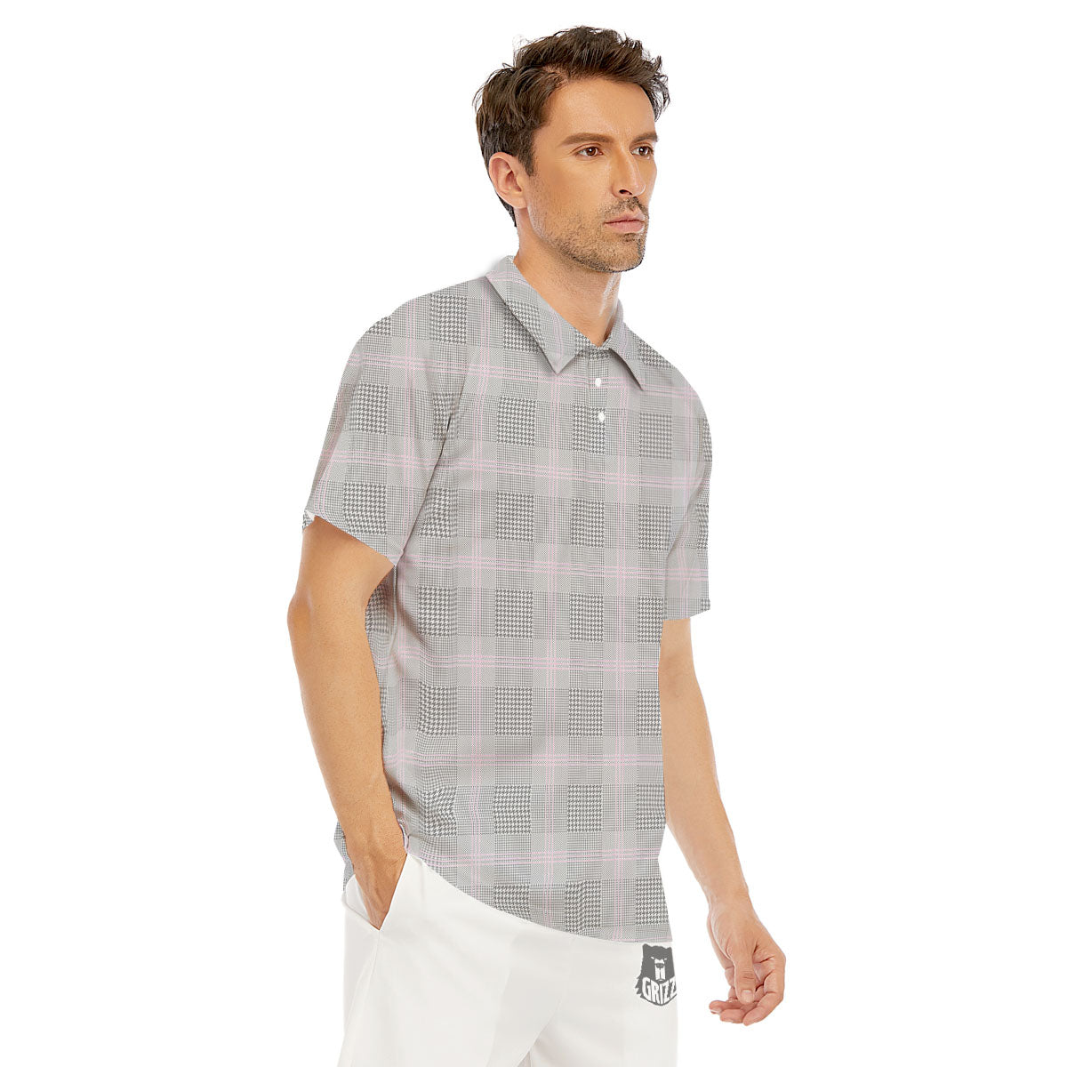 Grey Prince Of Wales Check Print Men's Golf Shirts-grizzshop