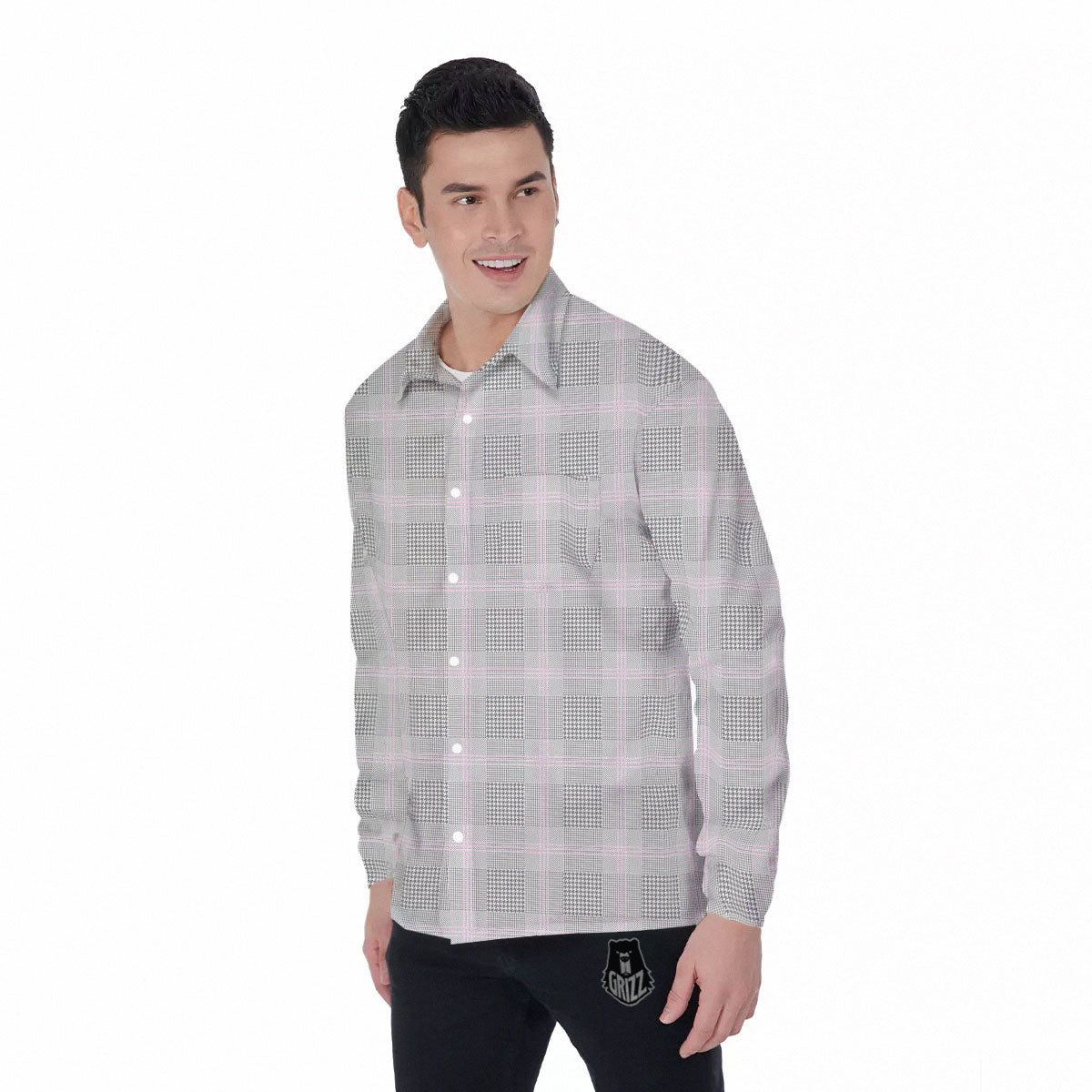 Grey Prince Of Wales Check Print Men's Long Sleeve Shirts-grizzshop