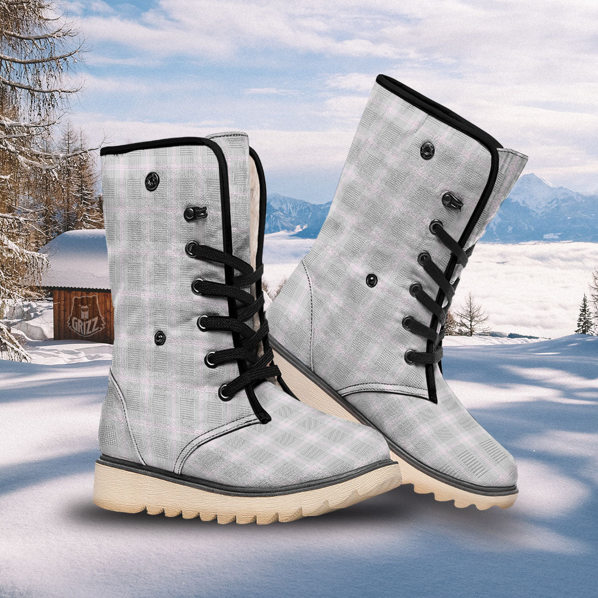 Grey Prince Of Wales Check Print Snow Boots-grizzshop