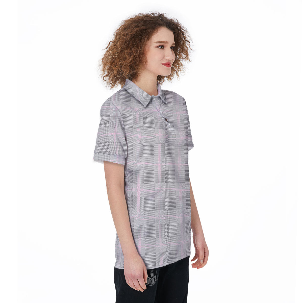 Grey Prince Of Wales Check Print Women's Golf Shirts-grizzshop