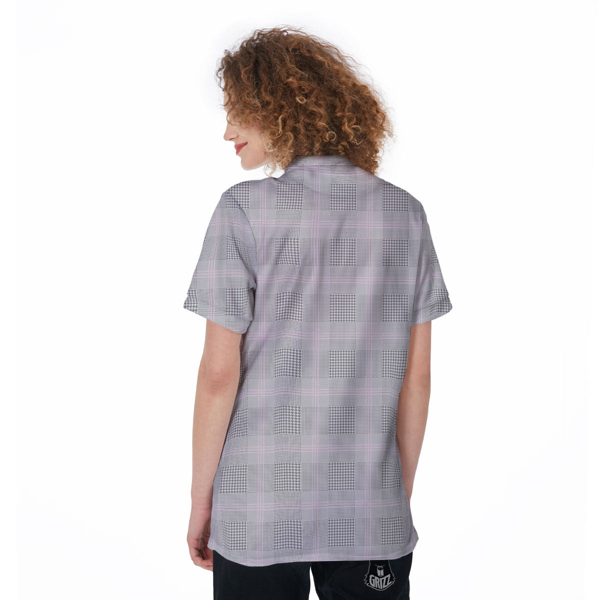 Grey Prince Of Wales Check Print Women's Golf Shirts-grizzshop