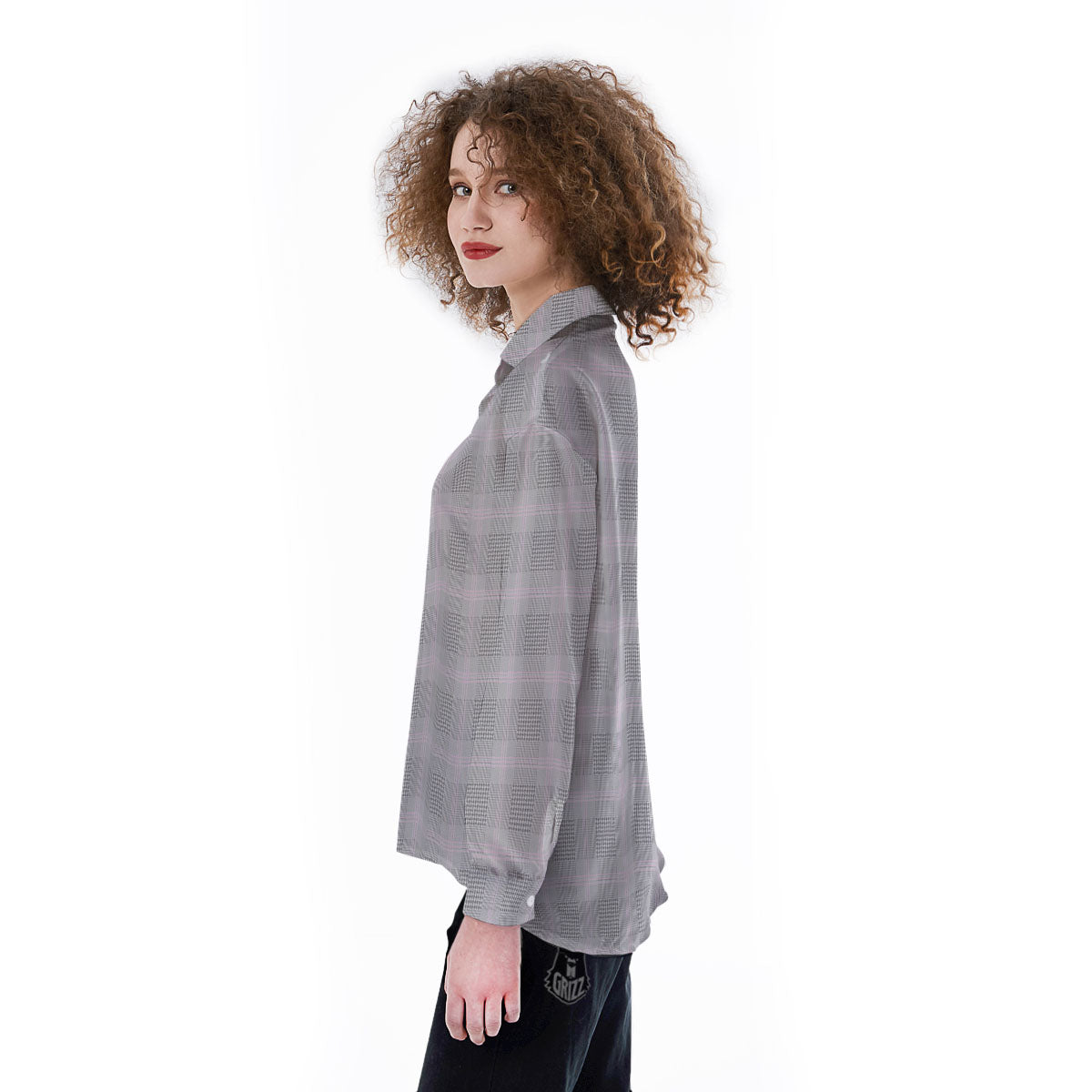 Grey Prince Of Wales Check Print Women's Long Sleeve Shirts-grizzshop