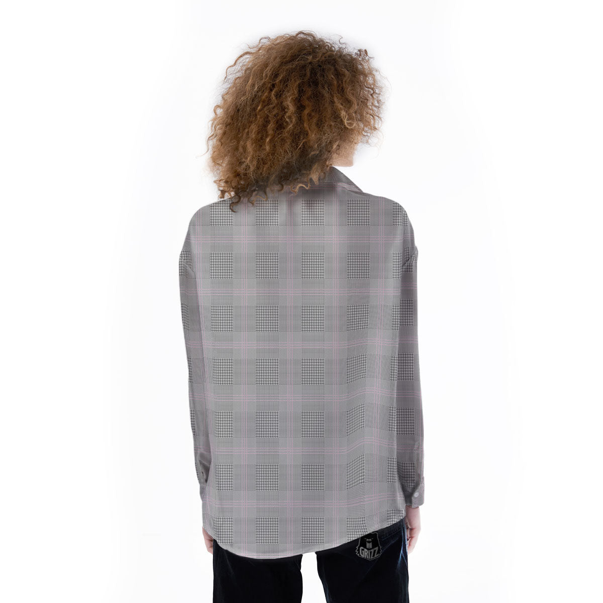 Grey Prince Of Wales Check Print Women's Long Sleeve Shirts-grizzshop
