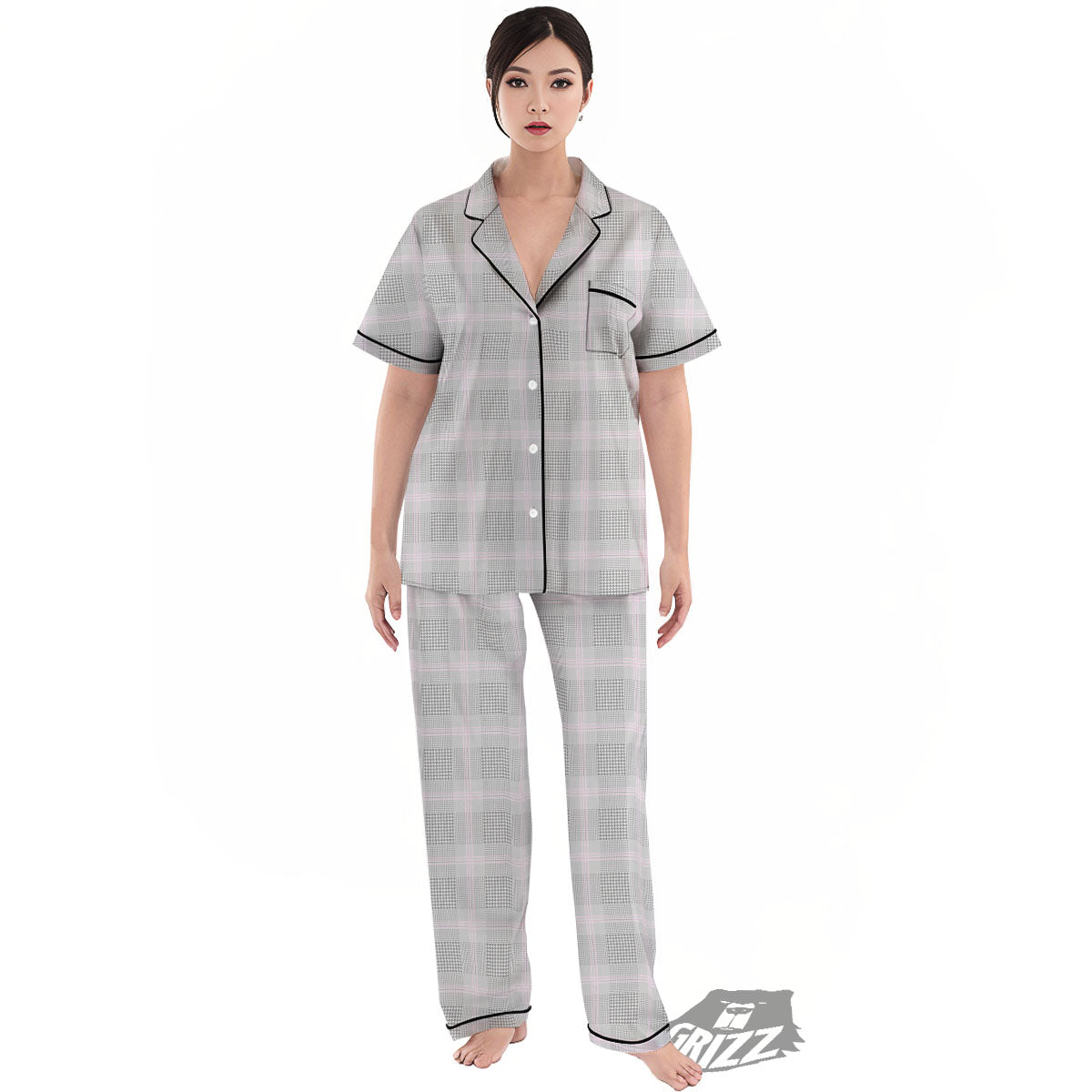 Grey Prince Of Wales Check Print Women's Pajamas Set-grizzshop