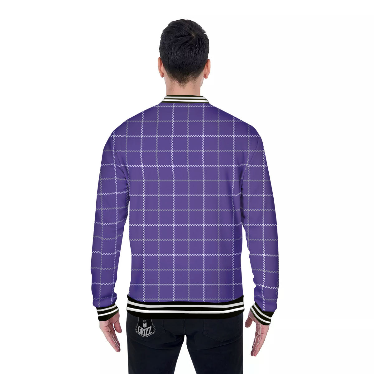 Grey Purple And White Tattersall Print Pattern Baseball Jacket-grizzshop