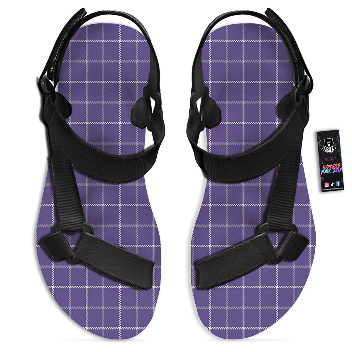 Grey Purple And White Tattersall Print Pattern Black Open Toe Sandals-grizzshop