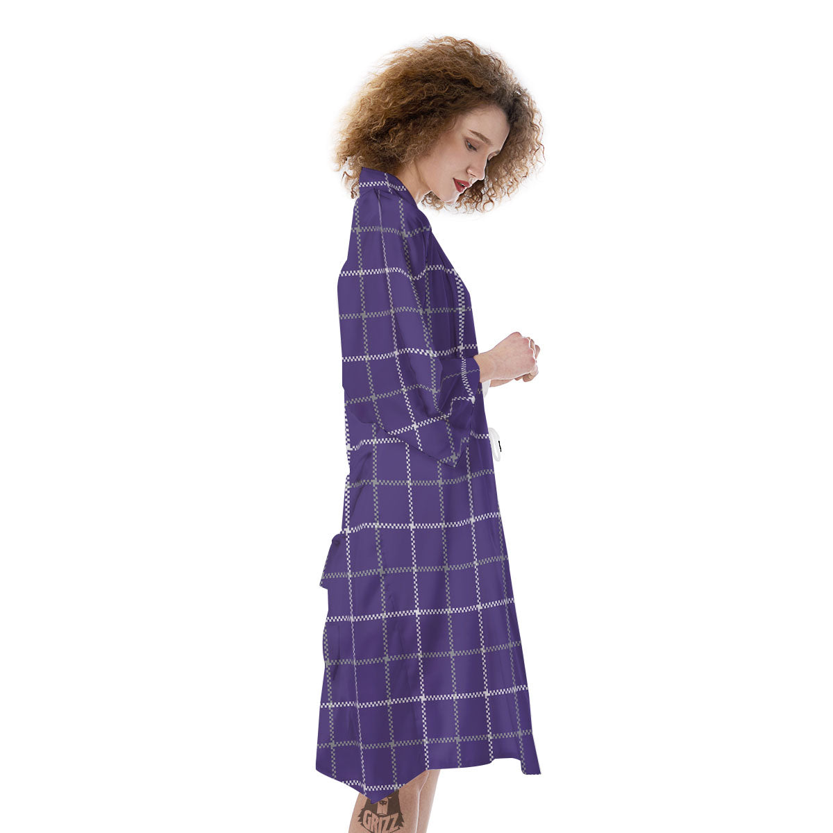 Grey Purple And White Tattersall Print Pattern Kimono-grizzshop