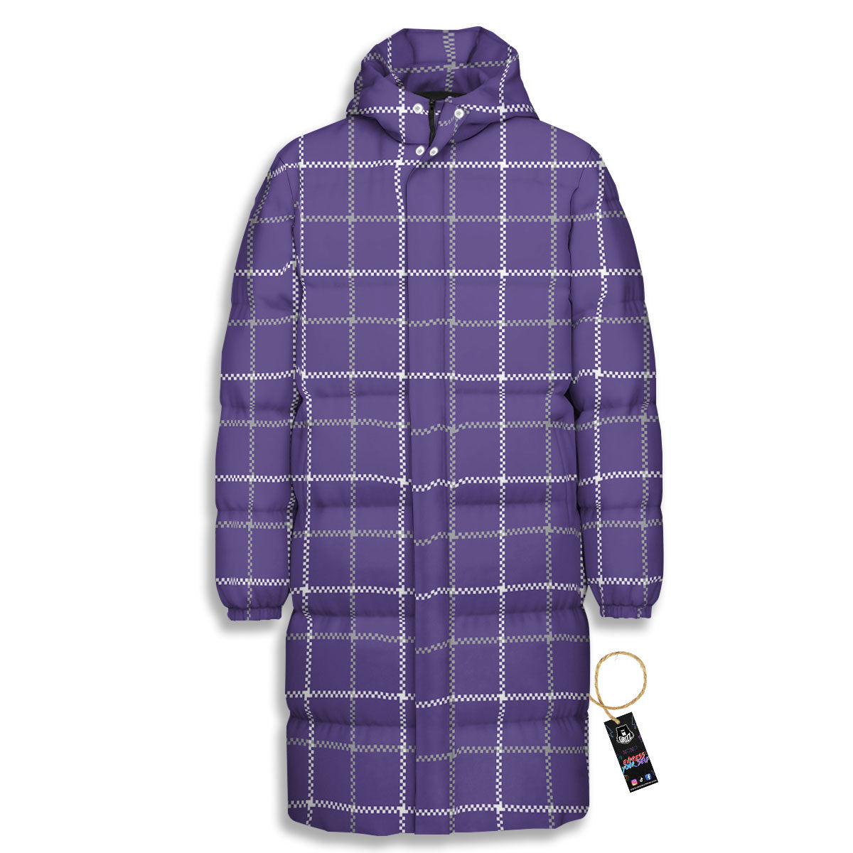 Grey Purple And White Tattersall Print Pattern Long Down Jacket-grizzshop