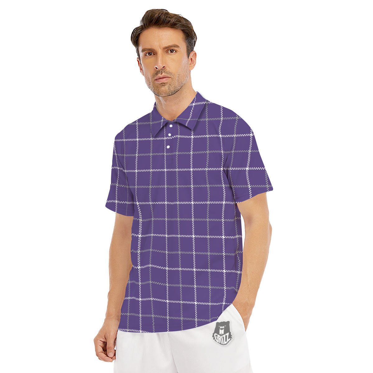 Grey Purple And White Tattersall Print Pattern Men's Golf Shirts-grizzshop