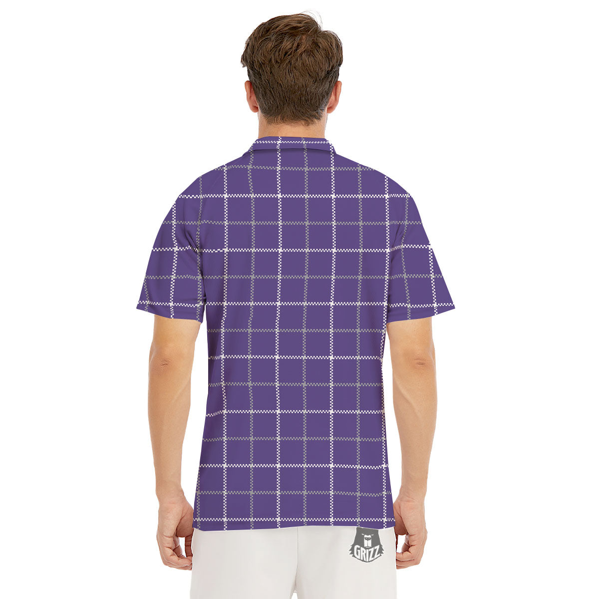 Grey Purple And White Tattersall Print Pattern Men's Golf Shirts-grizzshop
