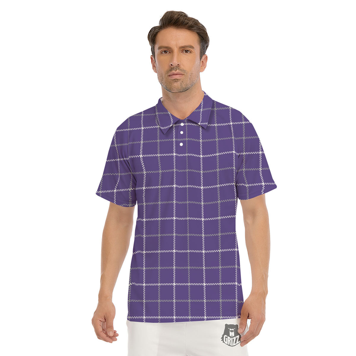 Grey Purple And White Tattersall Print Pattern Men's Golf Shirts-grizzshop
