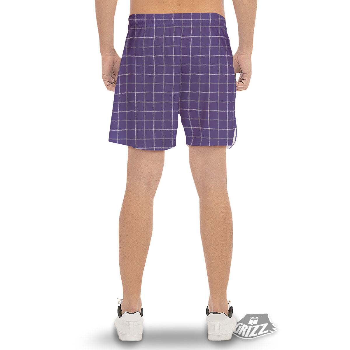 Grey Purple And White Tattersall Print Pattern Men's Gym Shorts-grizzshop