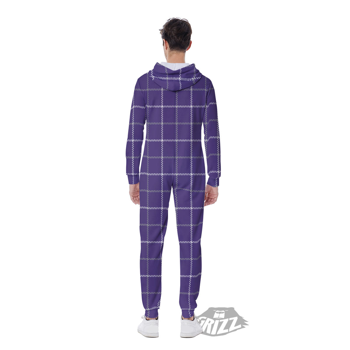 Grey Purple And White Tattersall Print Pattern Men's Jumpsuit-grizzshop