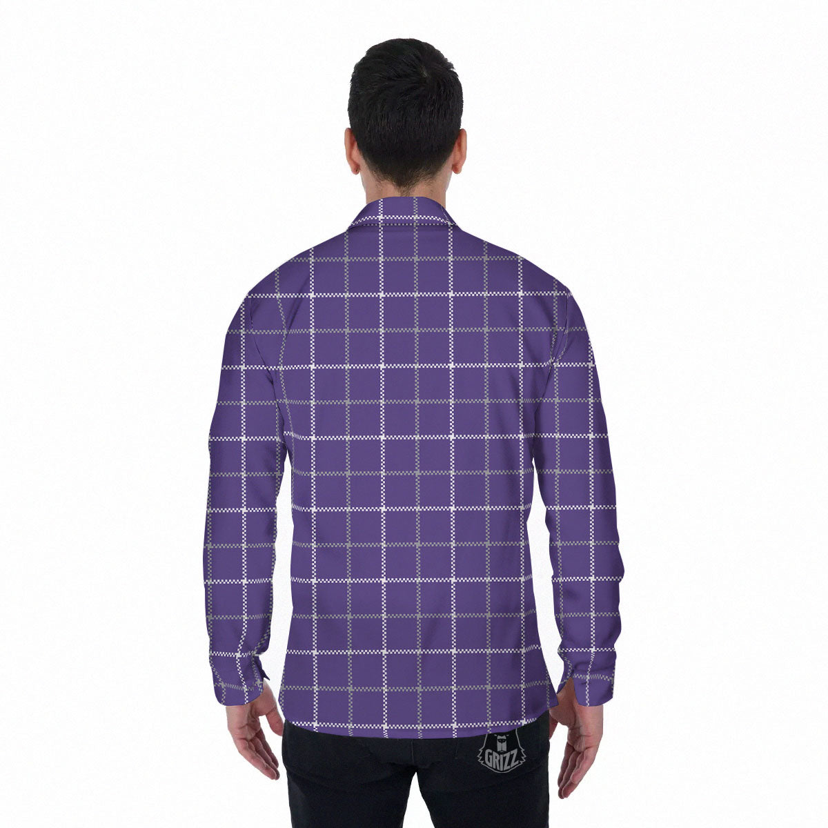 Grey Purple And White Tattersall Print Pattern Men's Long Sleeve Shirts-grizzshop