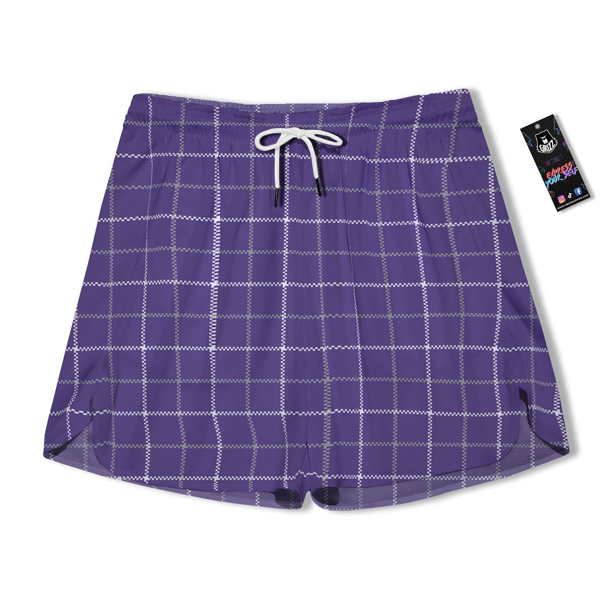 Grey Purple And White Tattersall Print Pattern Men's Running Shorts-grizzshop