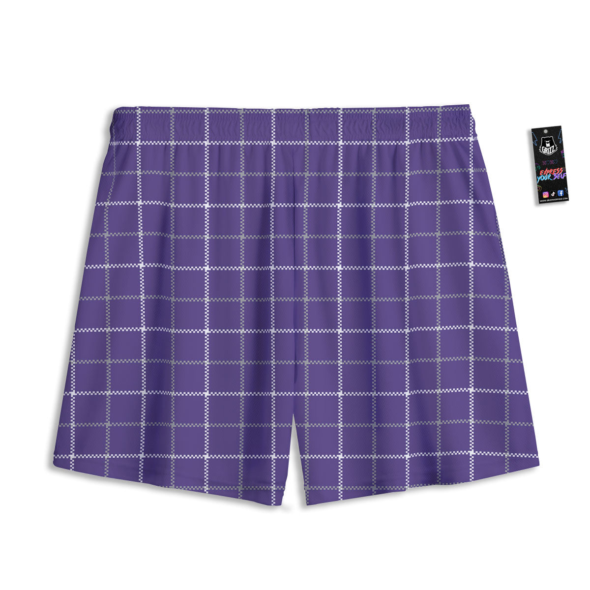Grey Purple And White Tattersall Print Pattern Mesh Shorts