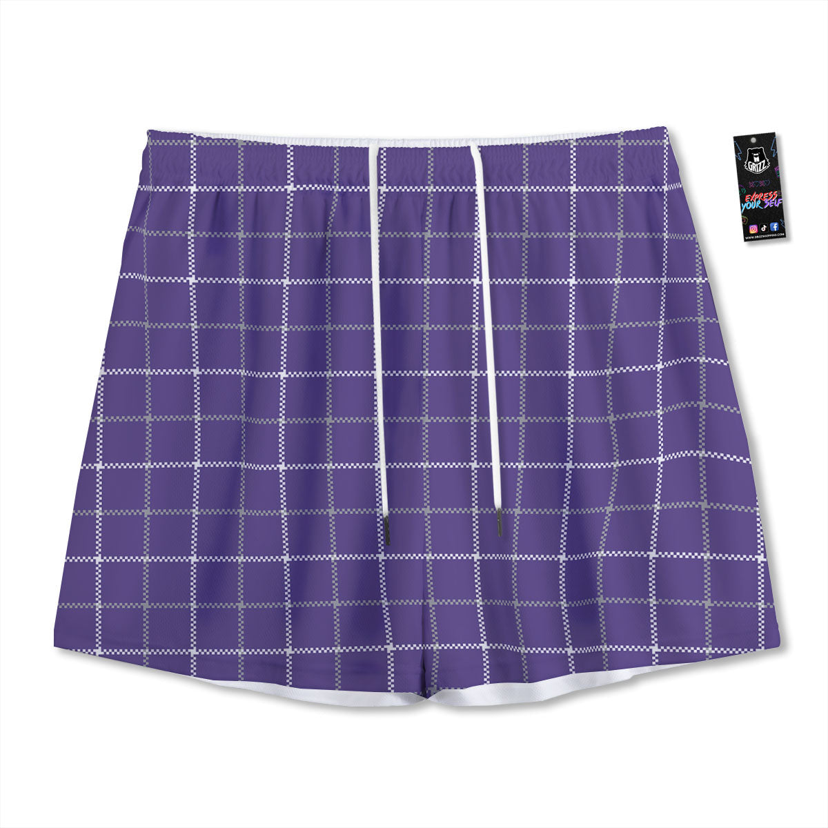 Grey Purple And White Tattersall Print Pattern Mesh Shorts
