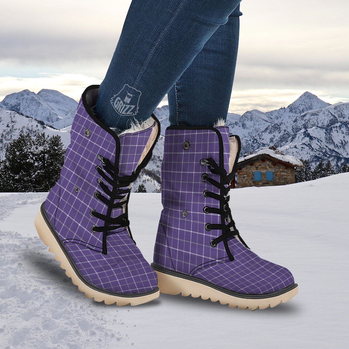 Grey Purple And White Tattersall Print Pattern Snow Boots-grizzshop