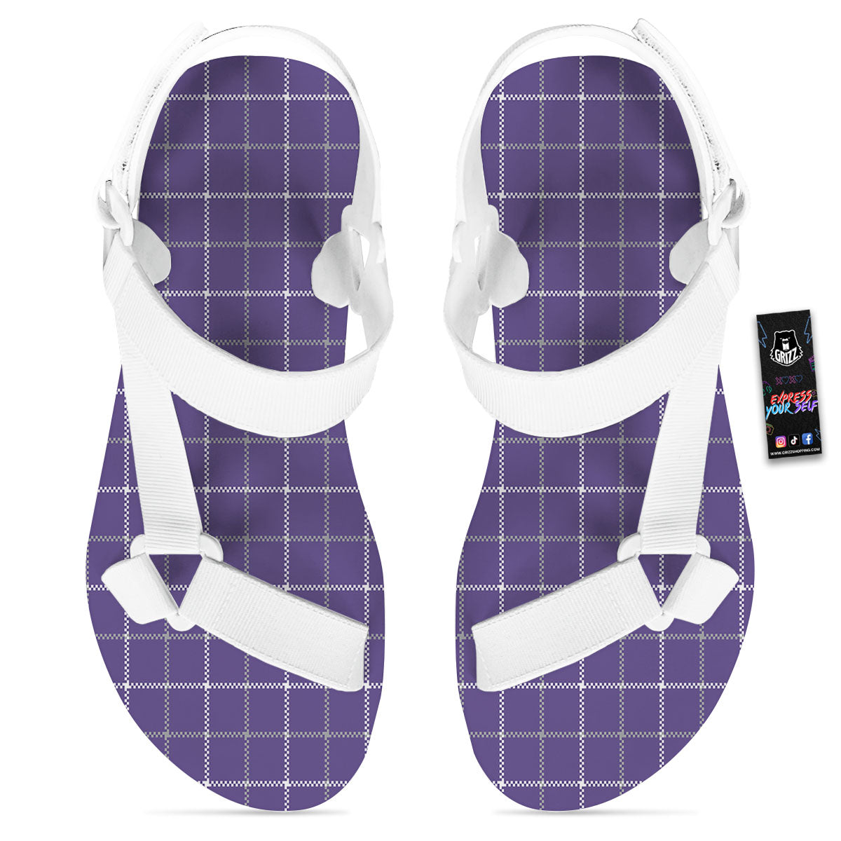 Grey Purple And White Tattersall Print Pattern White Open Toe Sandals-grizzshop