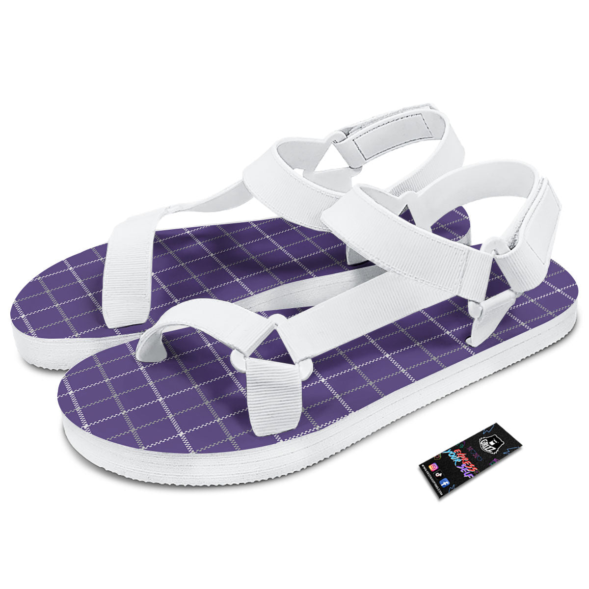 Grey Purple And White Tattersall Print Pattern White Open Toe Sandals-grizzshop