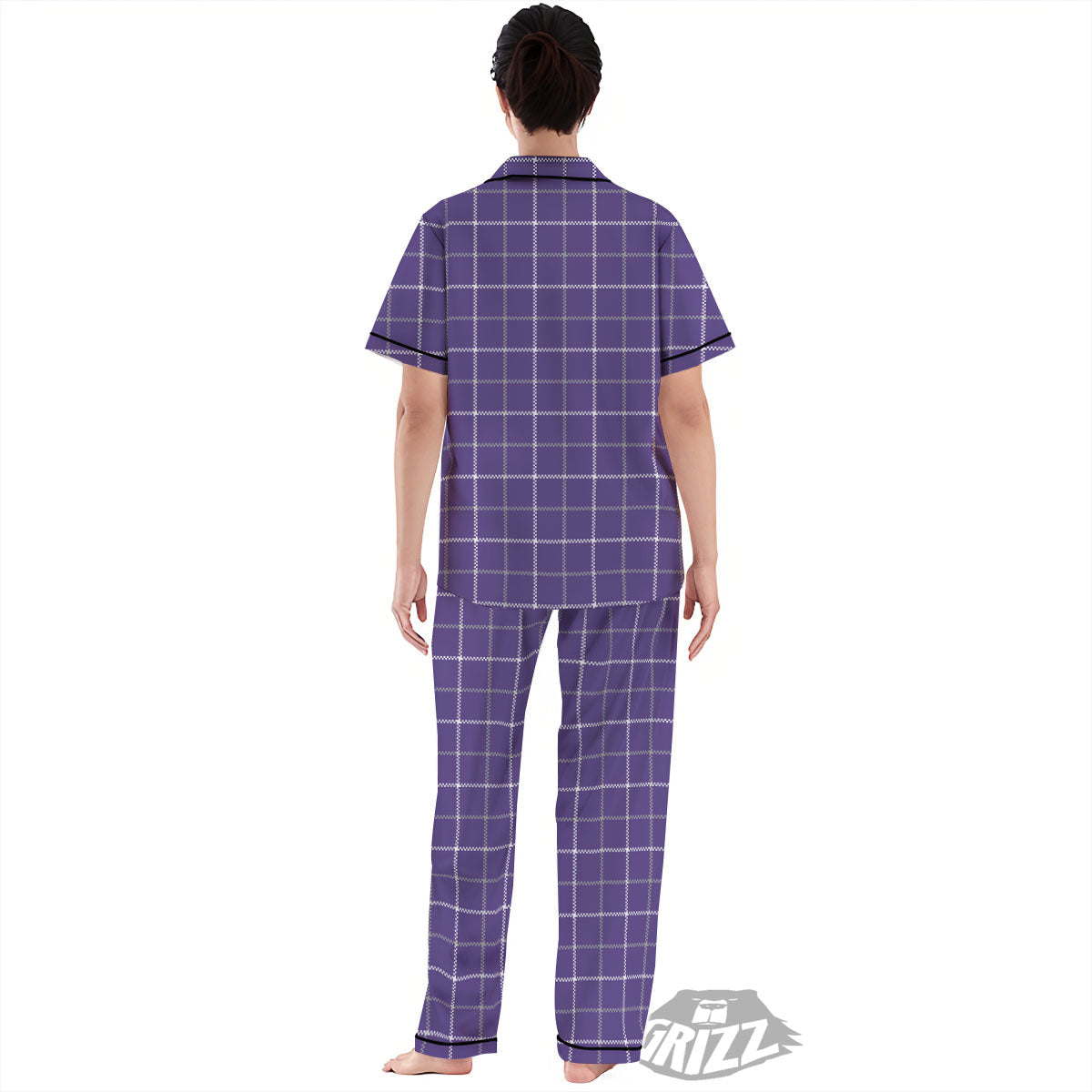 Grey Purple And White Tattersall Print Pattern Women's Pajamas Set-grizzshop
