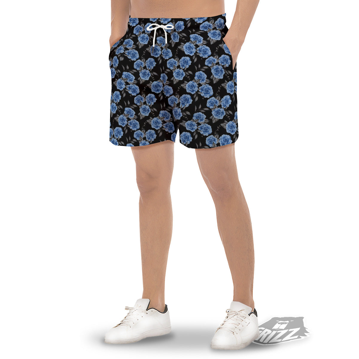 Grey Rose Floral And Blue Peony Print Men's Gym Shorts-grizzshop