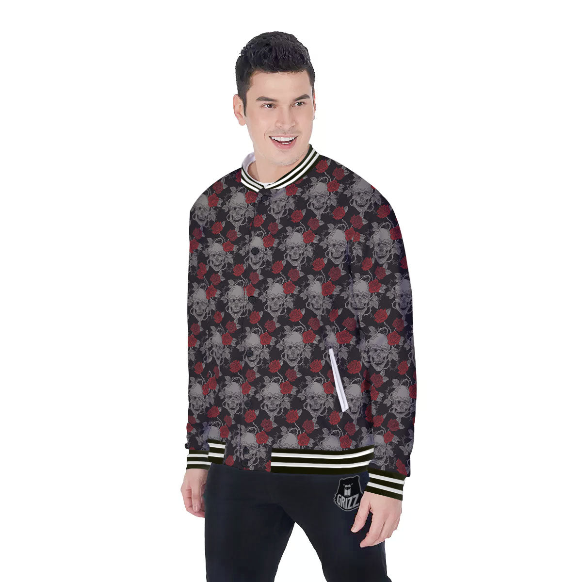Grey Skull Red Rose Print Pattern Baseball Jacket-grizzshop