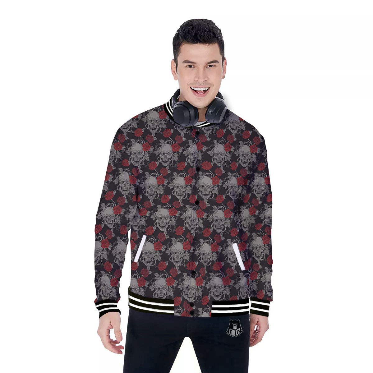 Grey Skull Red Rose Print Pattern Baseball Jacket-grizzshop