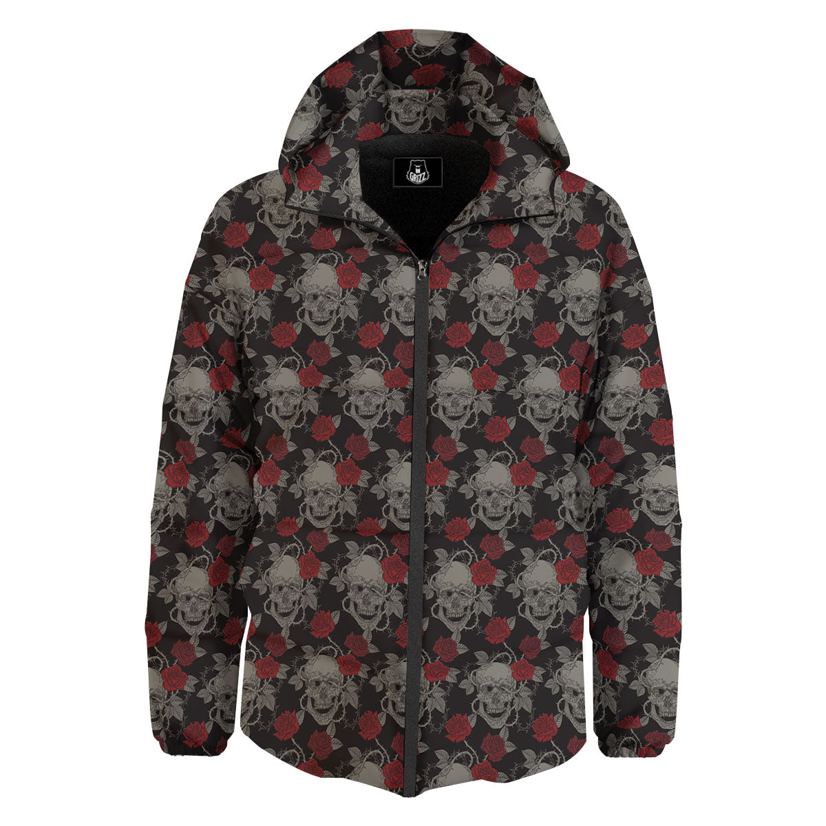 Grey Skull Red Rose Print Pattern Down Jacket-grizzshop