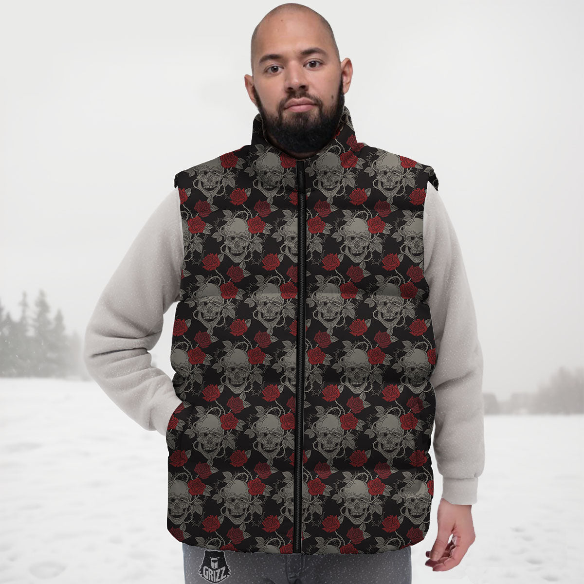 Grey Skull Red Rose Print Pattern Down Vest-grizzshop