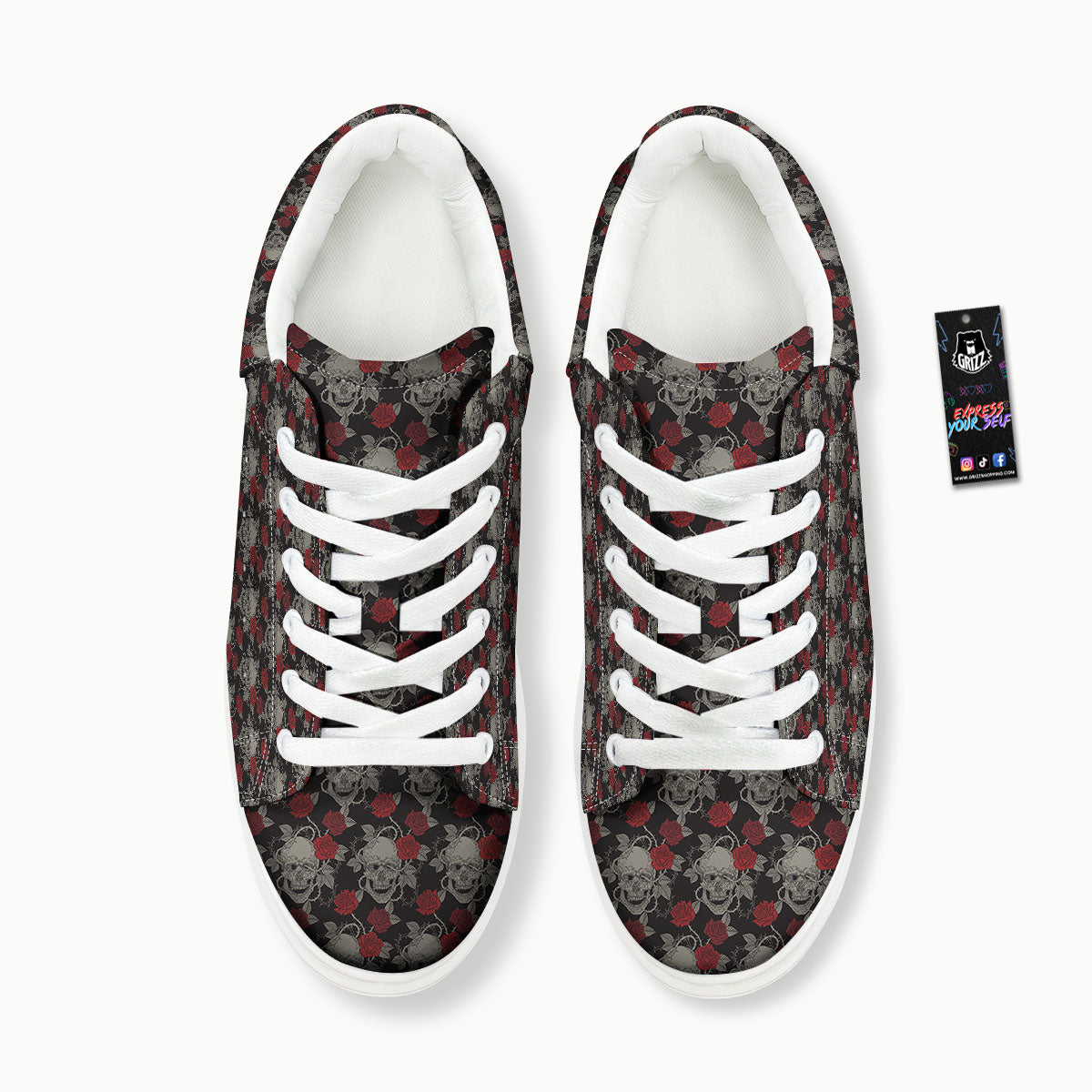 Grey Skull Red Rose Print Pattern Platform Shoes-grizzshop
