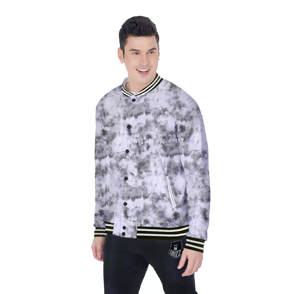 Grey Smoke Marble Print Pattern Baseball Jacket-grizzshop