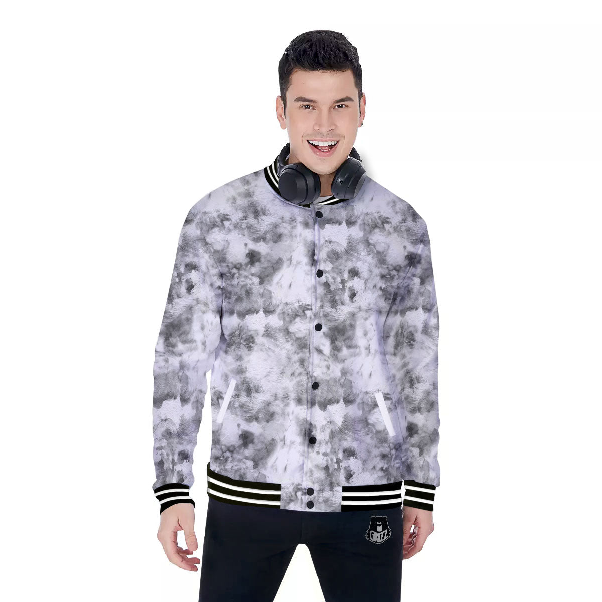 Grey Smoke Marble Print Pattern Baseball Jacket-grizzshop