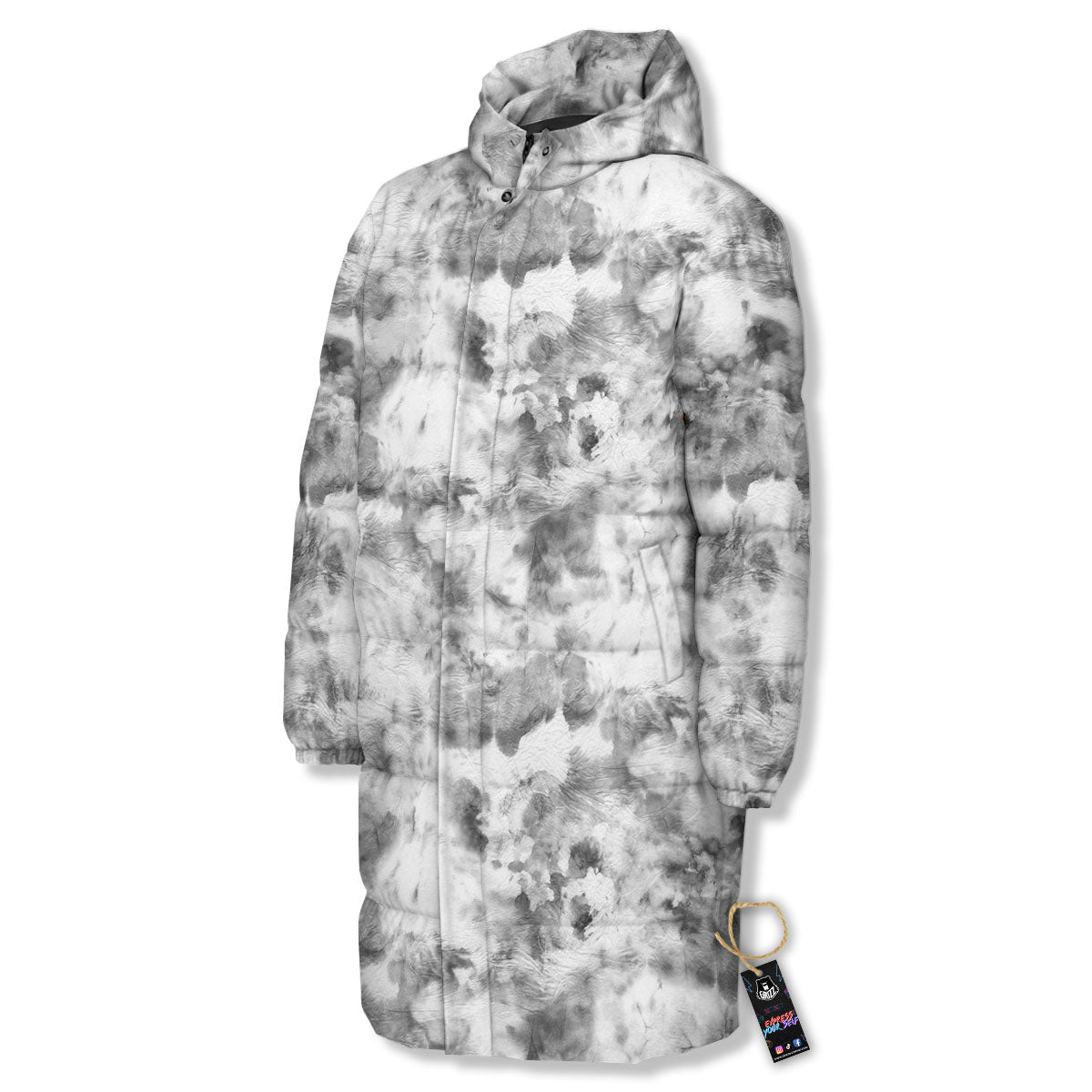 Grey Smoke Marble Print Pattern Long Down Jacket-grizzshop