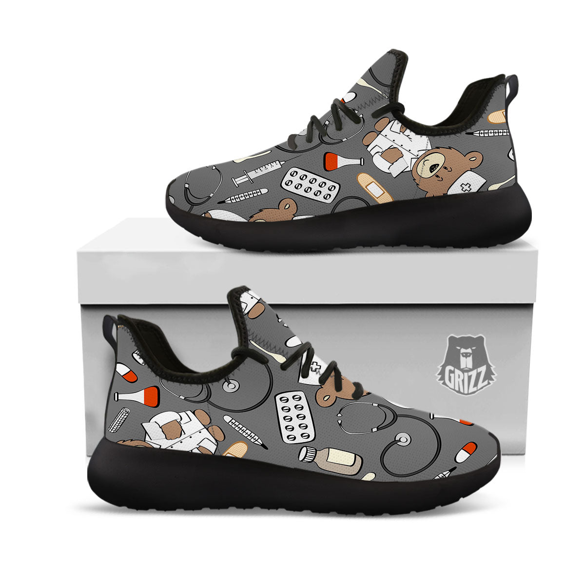 Grey Teddy Bear Nurse Black Athletic Shoes-grizzshop