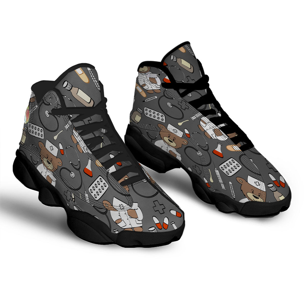 Grey Teddy Bear Nurse Black Basketball Shoes-grizzshop