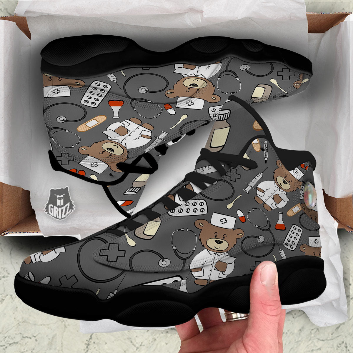 Grey Teddy Bear Nurse Black Basketball Shoes-grizzshop