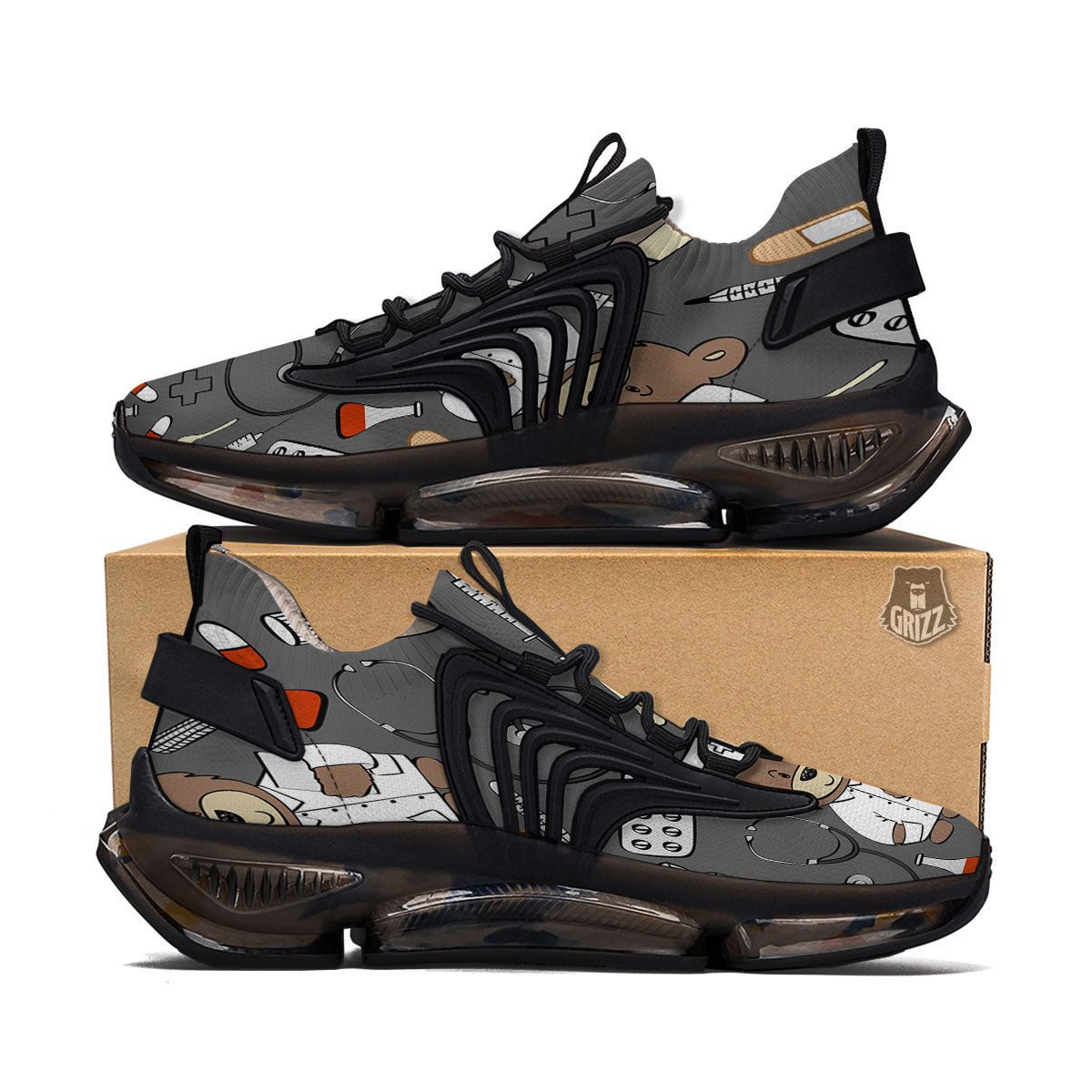 Grey Teddy Bear Nurse Black Gym Shoes-grizzshop