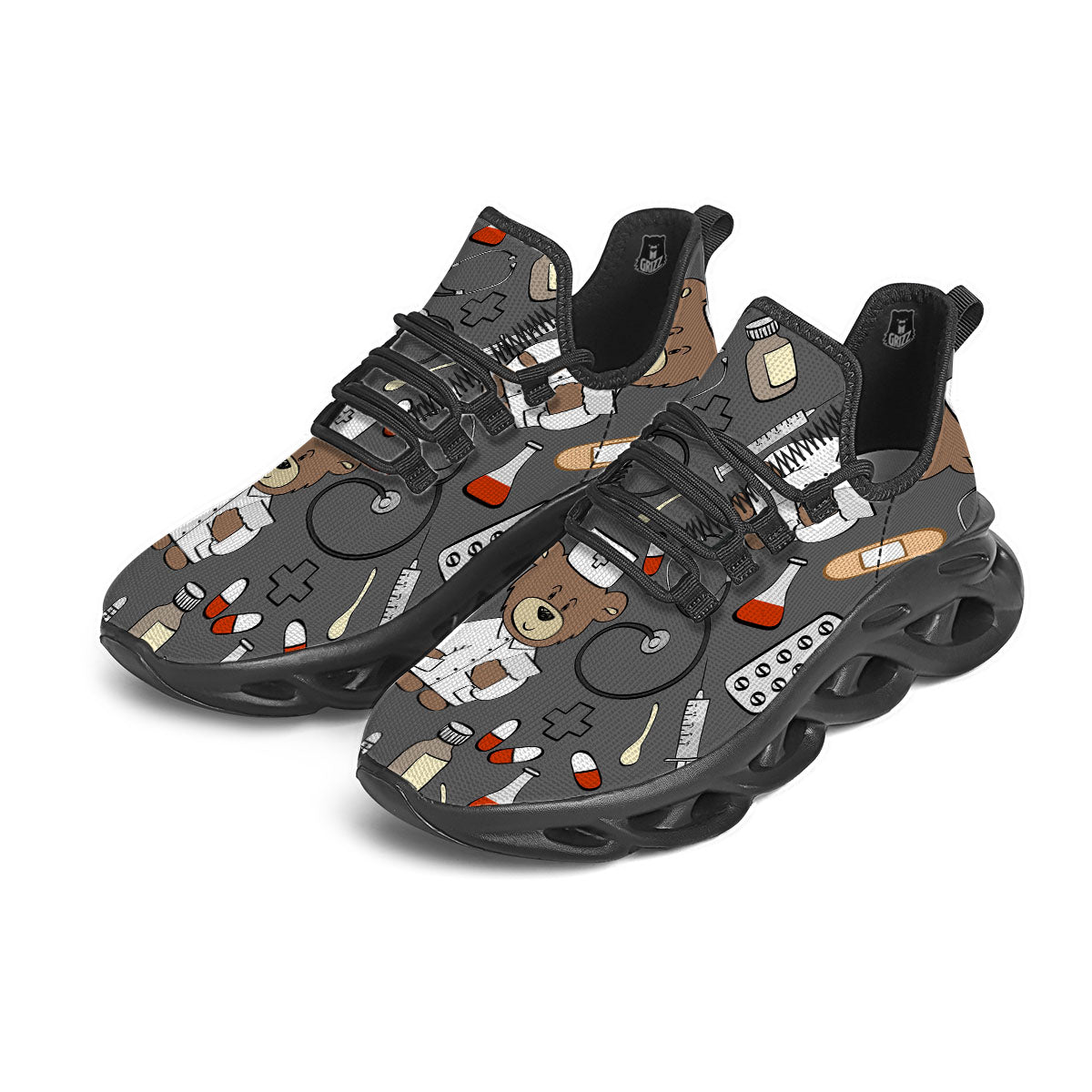 Grey Teddy Bear Nurse Black Running Shoes-grizzshop