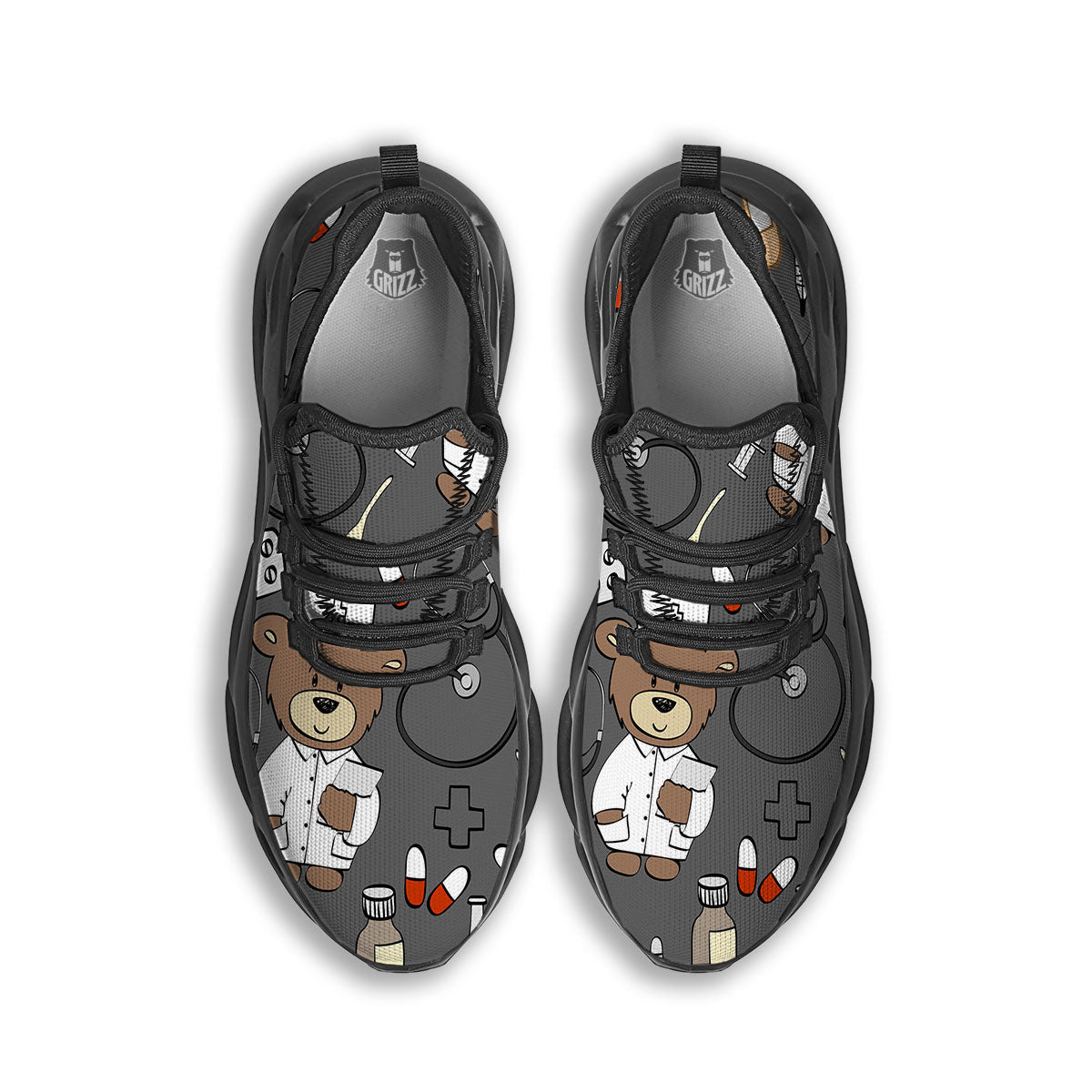 Grey Teddy Bear Nurse Black Running Shoes-grizzshop